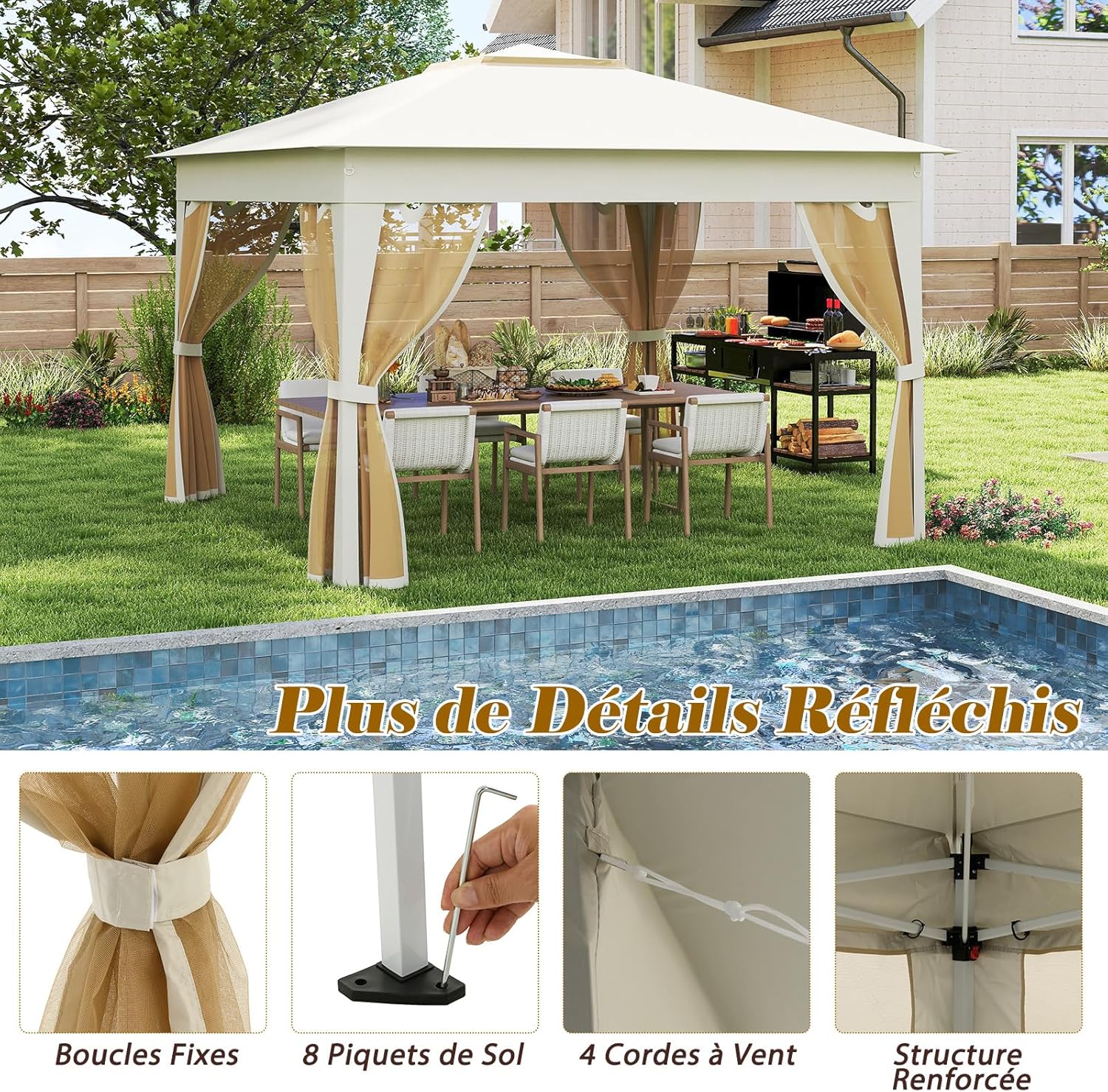 RELAX4LIFE Tonnelle Pliante 3x3 avec Moustiquaires, Tonnelle de Jardin Exterieur Facile à Monter, Toit Ventilé Argenté, Protection Solaire, Sac Inclus, Pavillon de Jardin pour Terrasse Patio, Beige