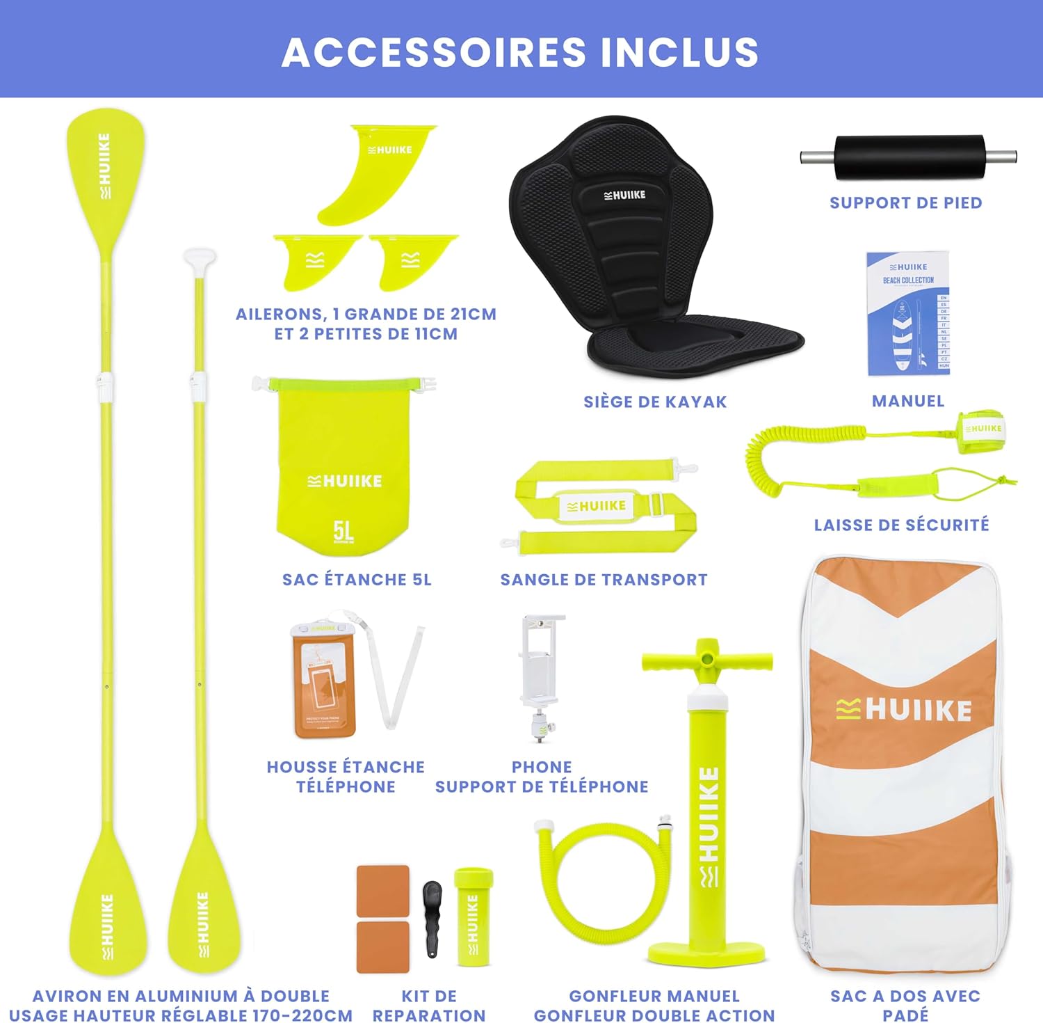HUIIKE - Paddle gonflable adulte - 305x84x15 cm - stable, résistant, accessoires inclus
