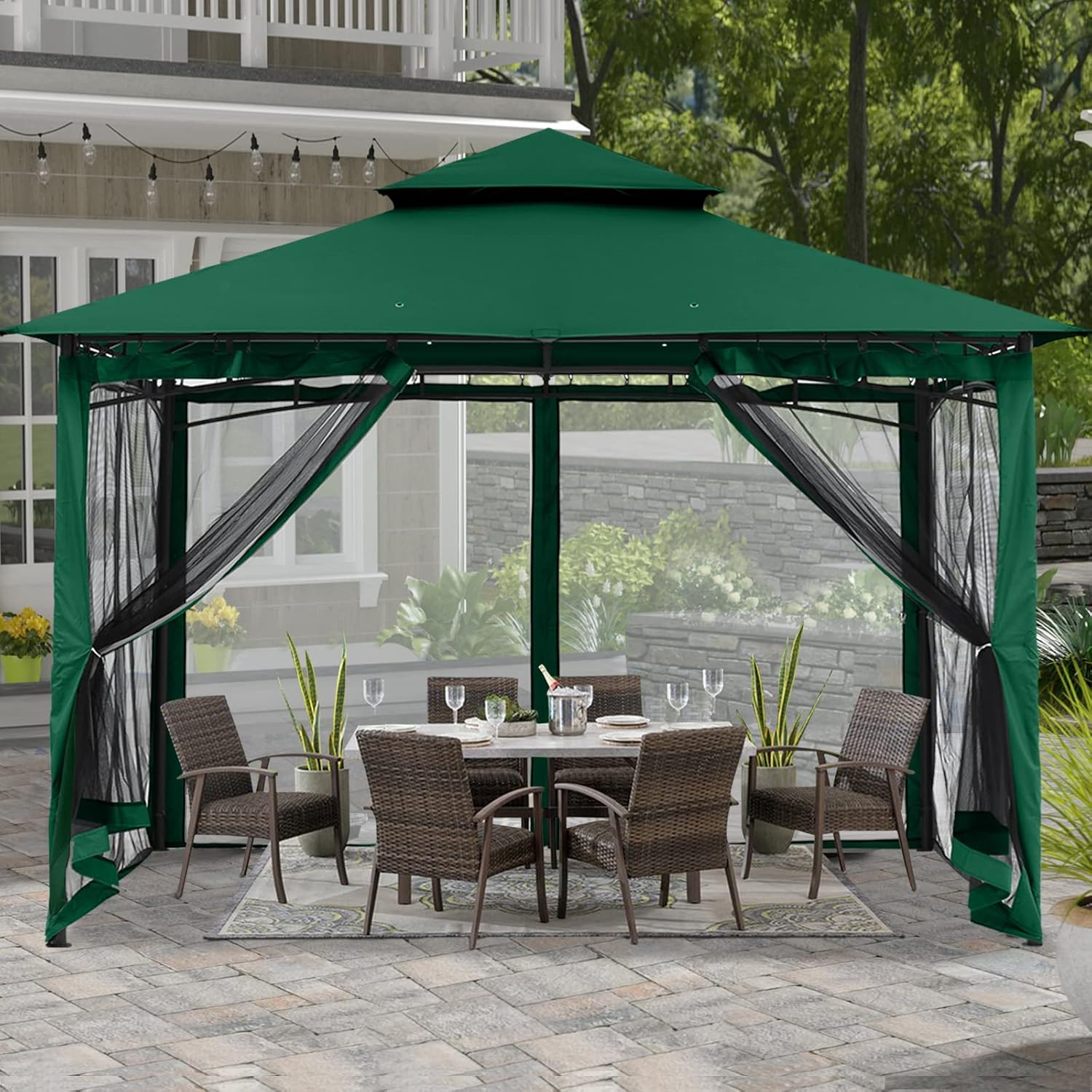 ABCCANOPY - tonnelle jardin double toit 3,35x3,35m, filet ombre, vert foncé