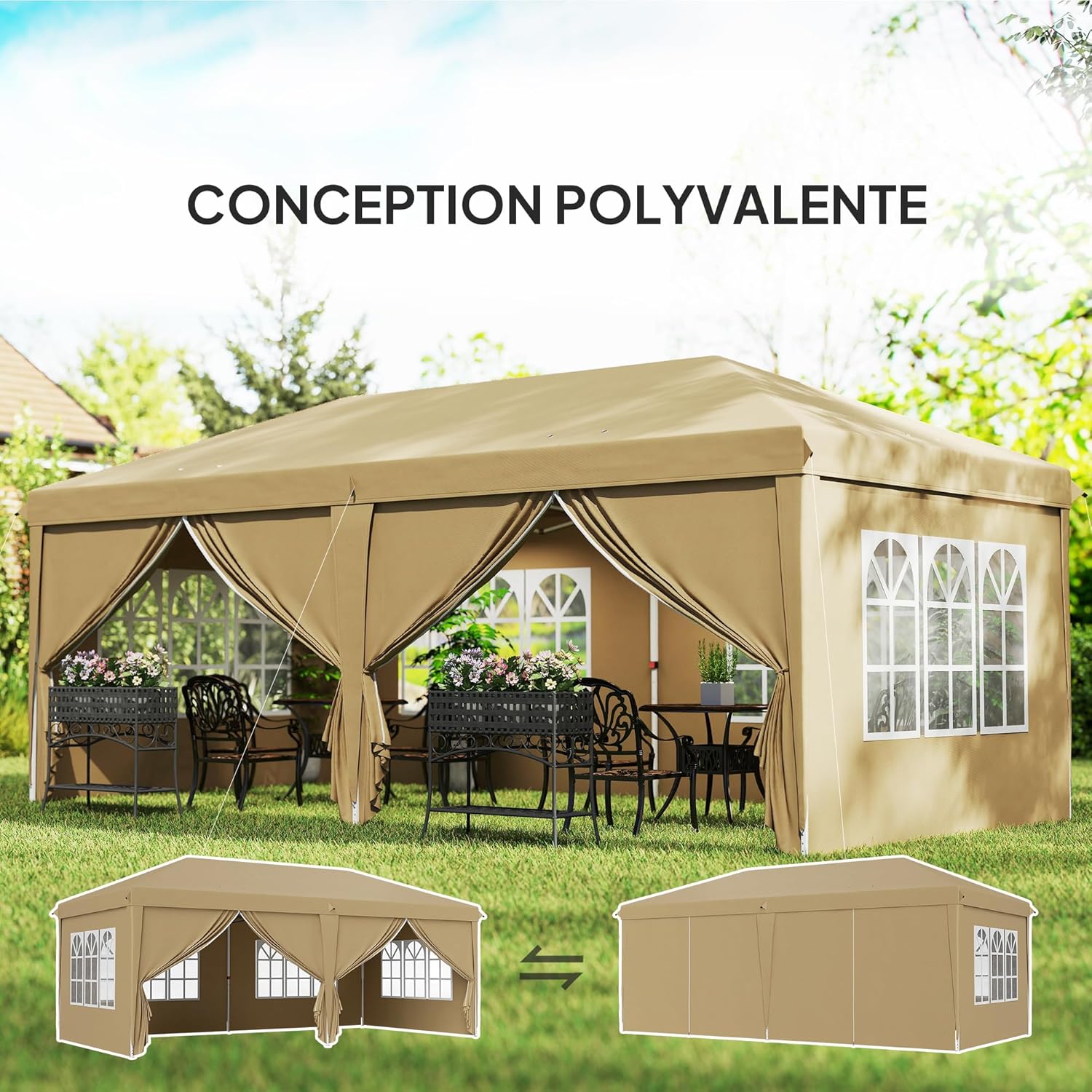 Outsunny Tonnelle de Jardin 3x6m Barnum Pliant avec Côtés Amovibles - Tente de Réception Structure en Acier Renforcée - Abri de Jardin Pop-up pour Mariage, Fête et Marché, Sac de Transport, Kaki