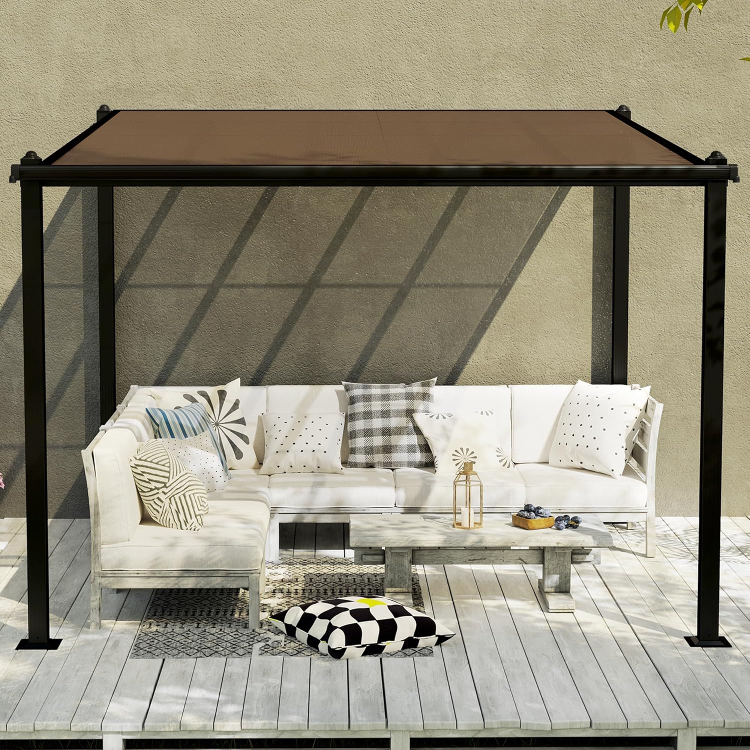 Outsunny - Pergola adossée aluminium - 3x3m - toit polycarbonate, drainage, UPF30+, gris