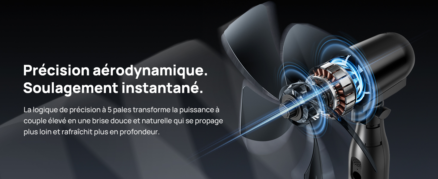 Le texte se lit comme suit : « Précision aérodynamique. Soulagement instantané. » Sèche-cheveux noir avec composants mécaniques internes bleus visibles en coupe transversale sur fond sombre.
