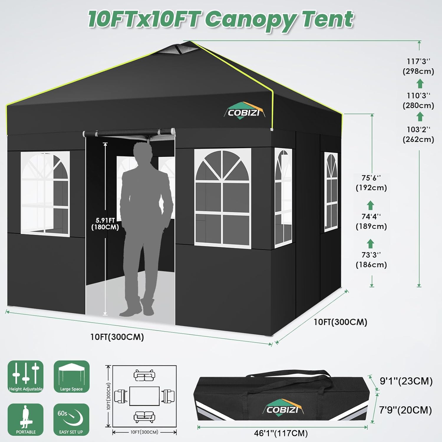 COBIZI - tonnelle pliante 3x3m - imperméable, 4 côtés, anti-UV, noir