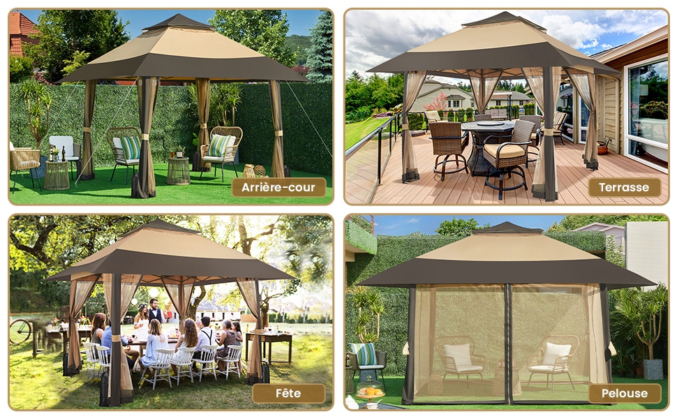Belvédère extérieur avec auvent beige présenté dans quatre décors : cour arrière, terrasse, fête et pergola. Utilisation polyvalente pour les réunions en plein air et la détente.