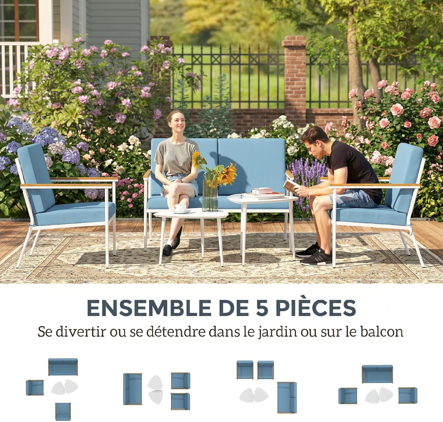 Outsunny - Salon de jardin 5 pièces, canapé 4 places, tables verre trempé, coussins inclus, bleu clair