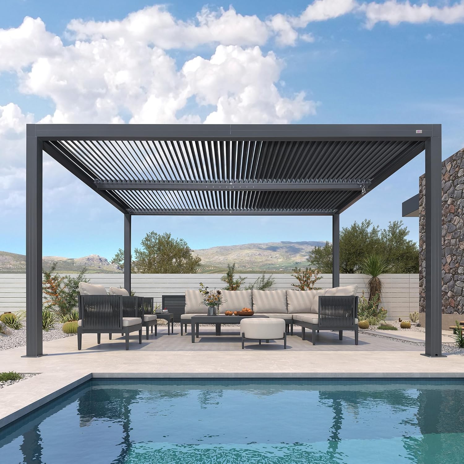PURPLE LEAF - Pergola Bioclimatique - 4,24 x 3,3 m - Aluminium, lames orientables, commande indépendante, gris