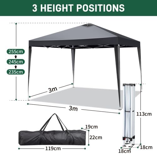 Bonnlo Tonnelle de Jardin Pliante 3x3 imperméable/Tente Pop-up Inclus Sac de Transport/Barnum Pliant Exterieur Rapide à Installer/Gazebo avec Paquet de 4 Poids Lourd Sable,Gris