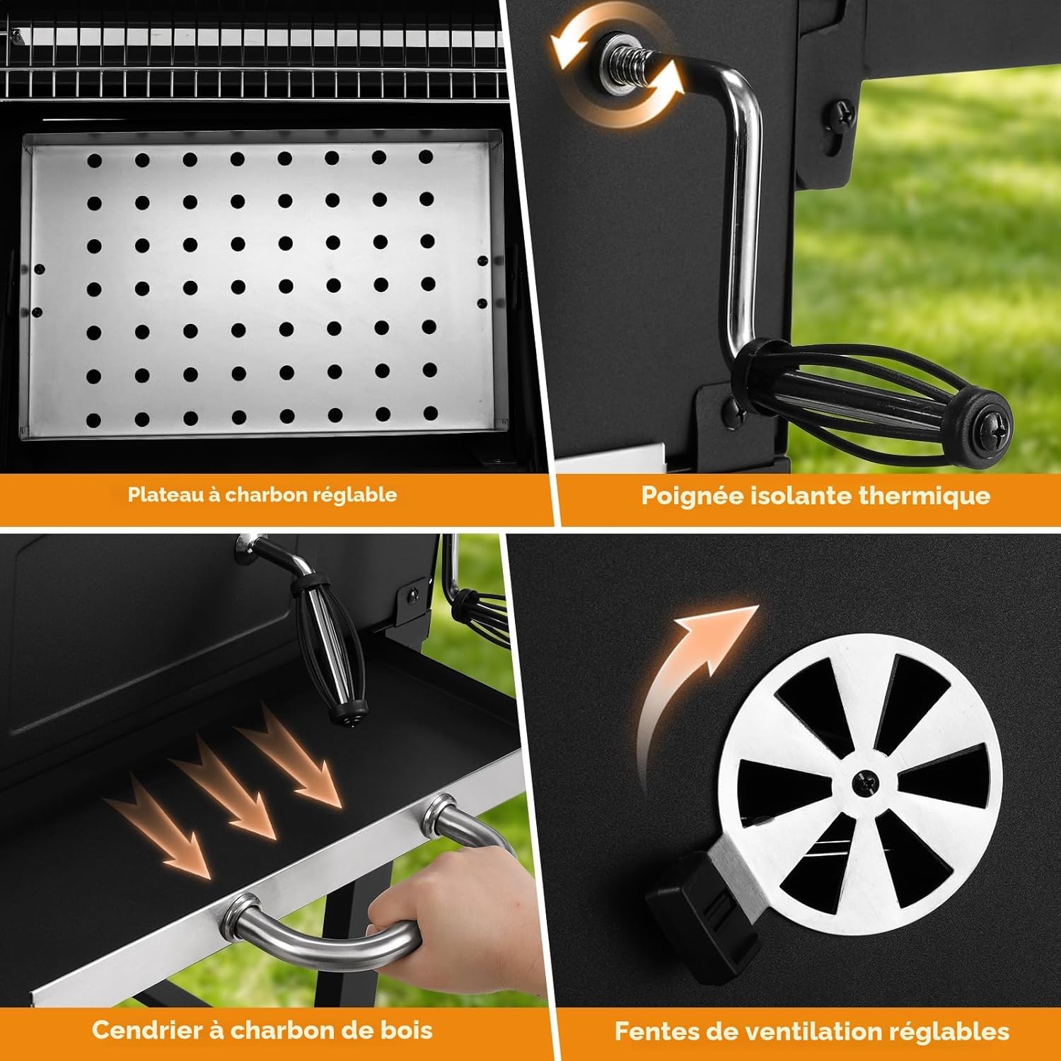 LIFERUN - Barbecue charbon XXL - grand chariot, fumoir et thermomètre