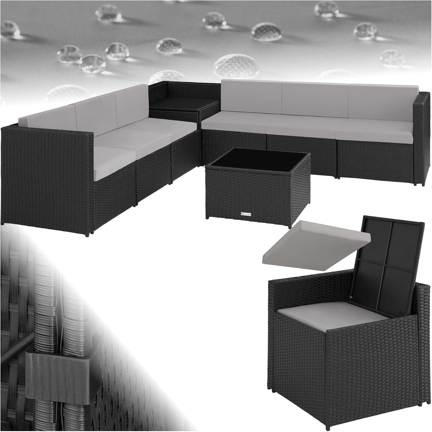 tectake - salon de jardin modulable 6 places - résine tressée, table verre, coffre rangement - 198x130x70 cm