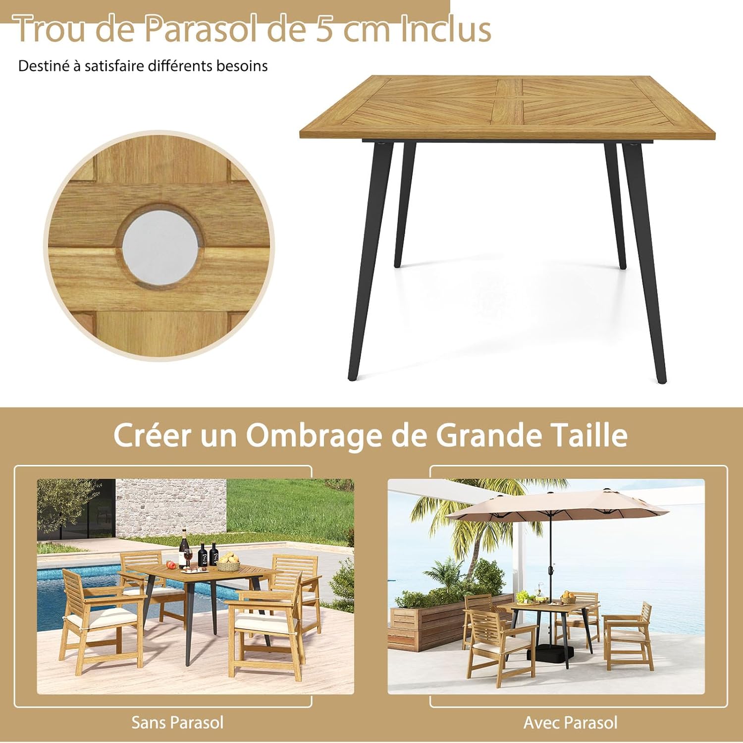 COSTWAY - Table jardin carrée - 107x107 cm - bois acacia, trou parasol