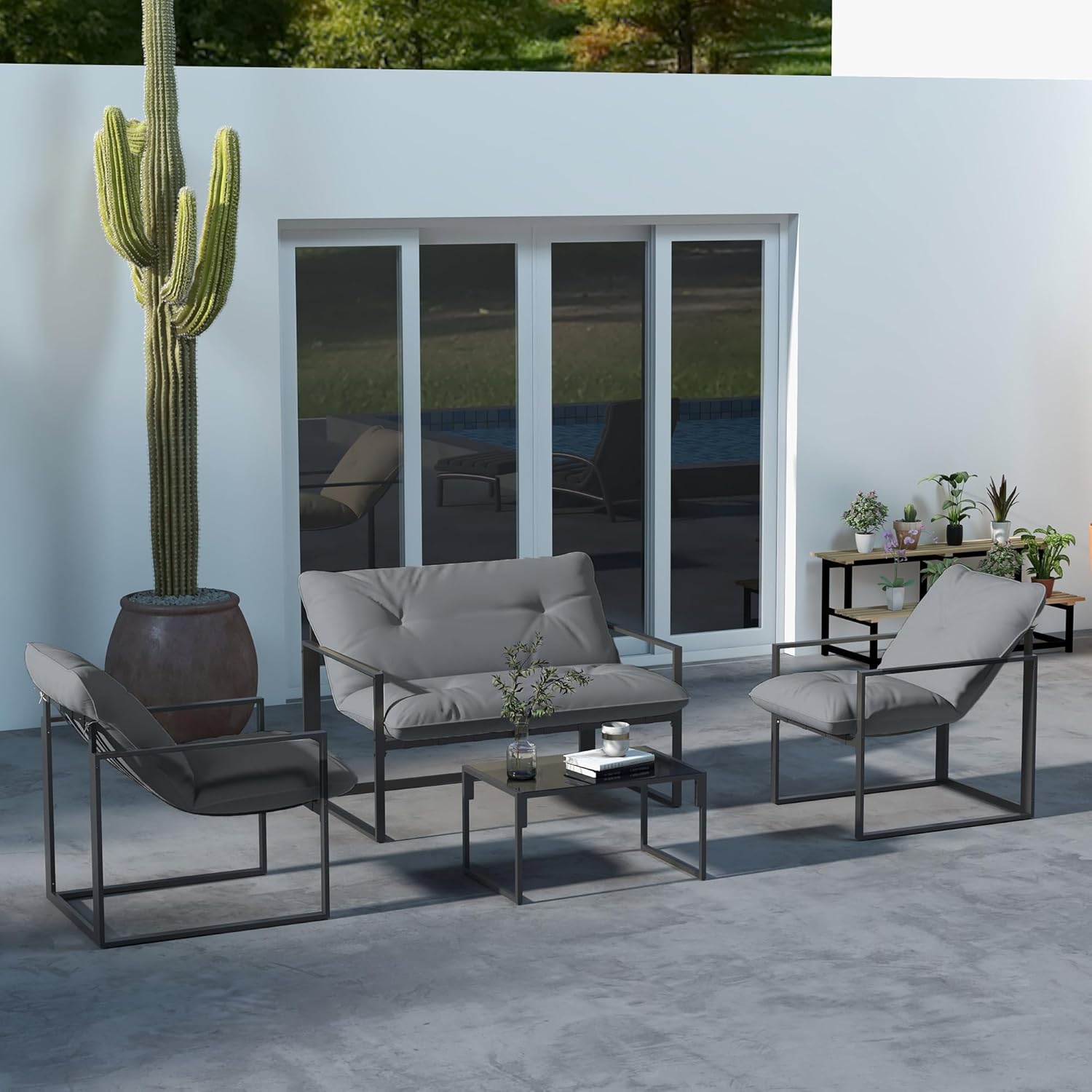 Outsunny - Salon bas 4 pièces - coussins 15cm, structure acier noir, canapé 2 places, table basse, fauteuils