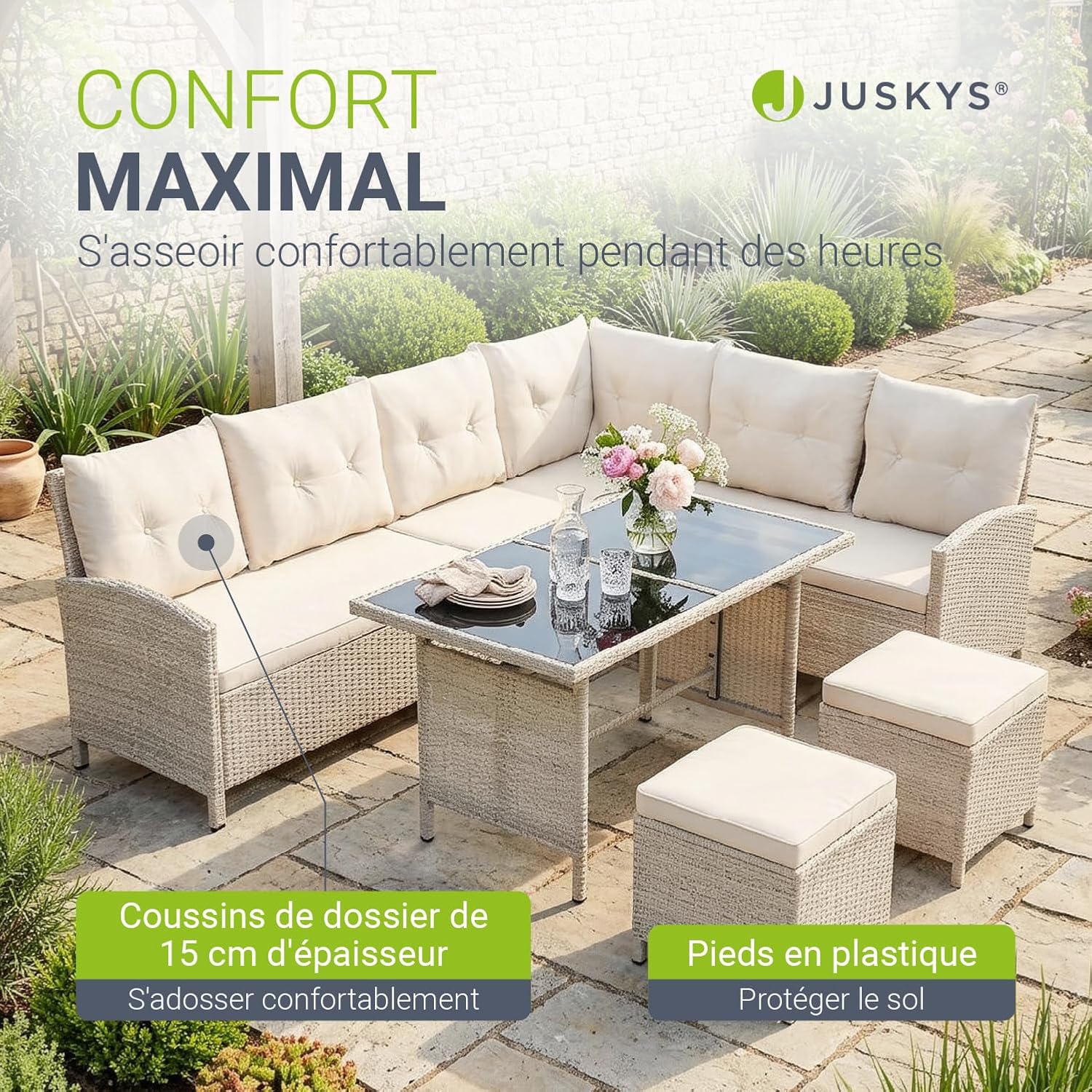 Juskys - Salon Manacor - canapé d’angle, table, 2 poufs, crème,  jardin