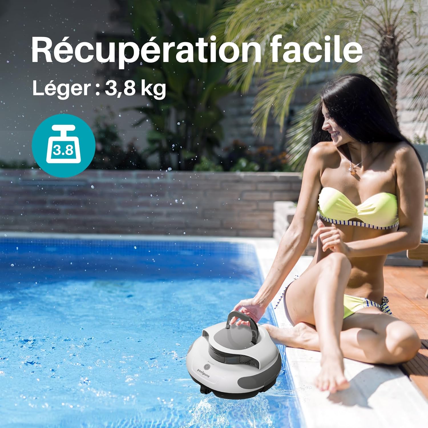 POOLPURE - Robot piscine sans fil - 5000mAh, double moteur, LED, auto-stationnement, IPX8, max 90㎡