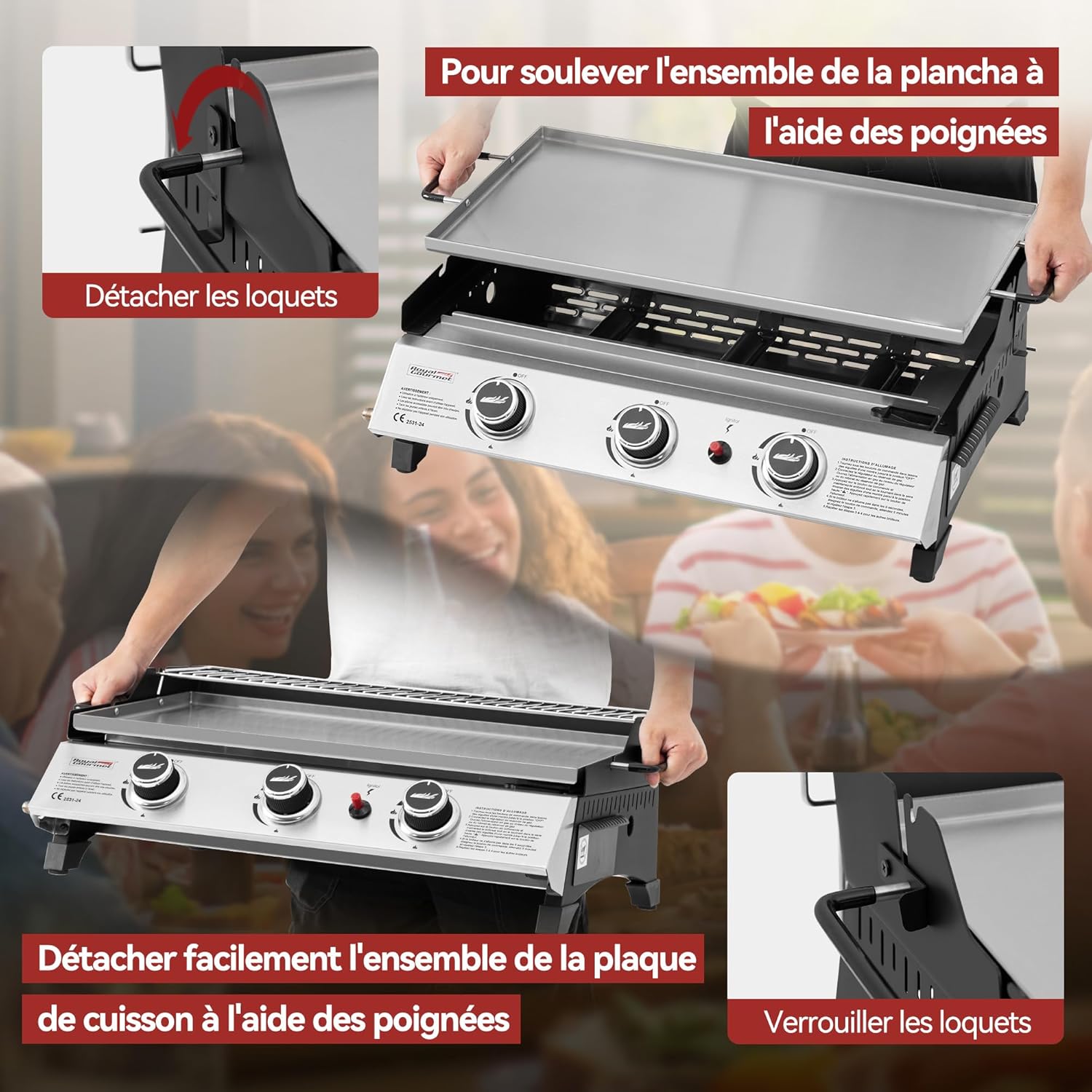 Royal Gourmet - Plancha gaz inox 3 brûleurs 61,5x32cm, 7,5kW, usage extérieur