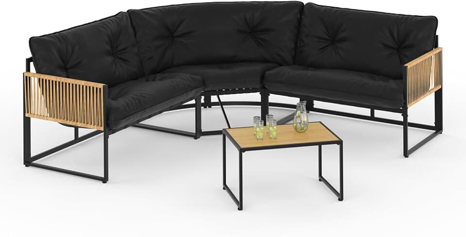 IDMarket - salon de jardin bas Rio - 6 places angle - métal et cordage rotin, coussins noirs