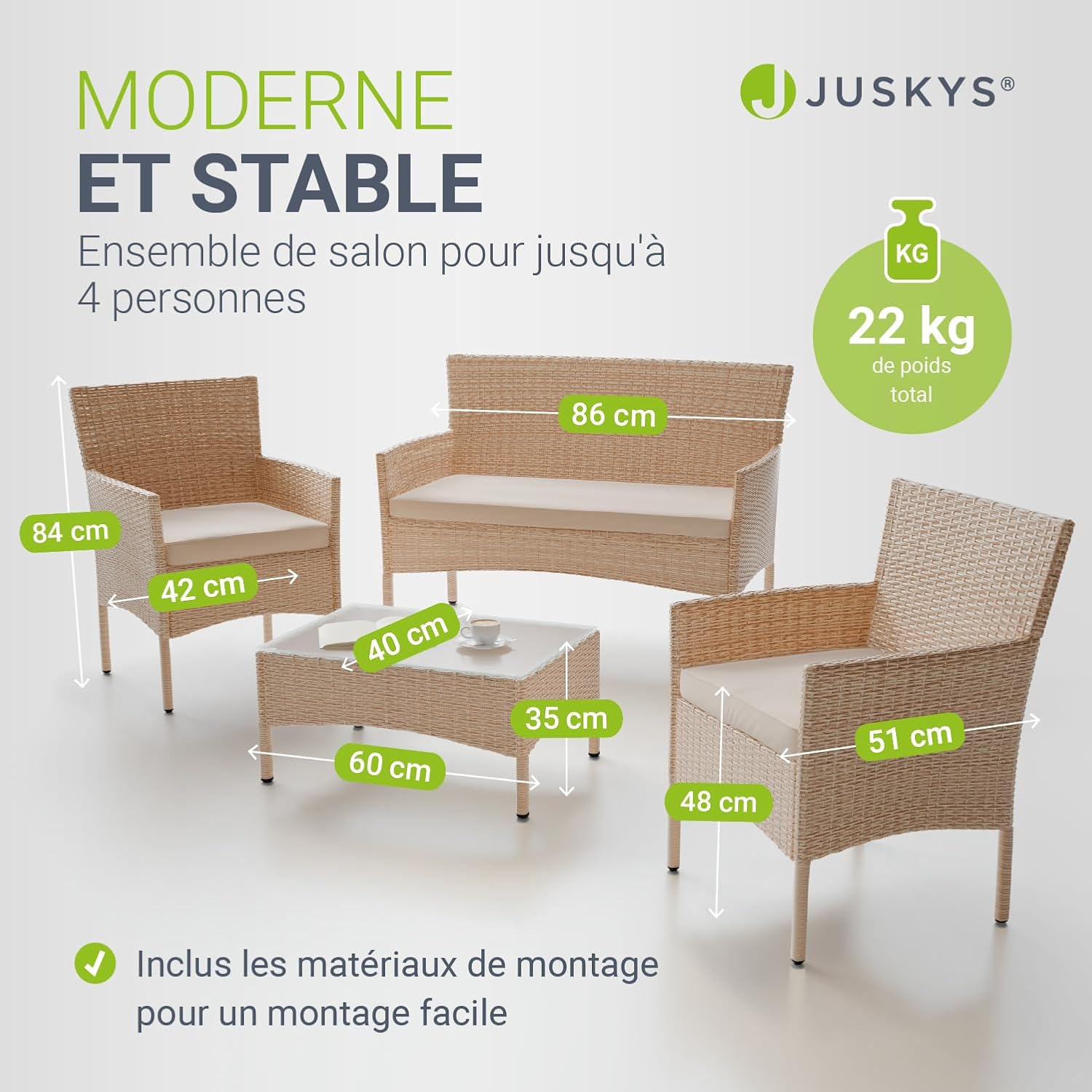 Juskys - Fort Myers - ensemble 4 places en résine tressée, canapé 2 places, fauteuils, table, coussins, mobilier extérie