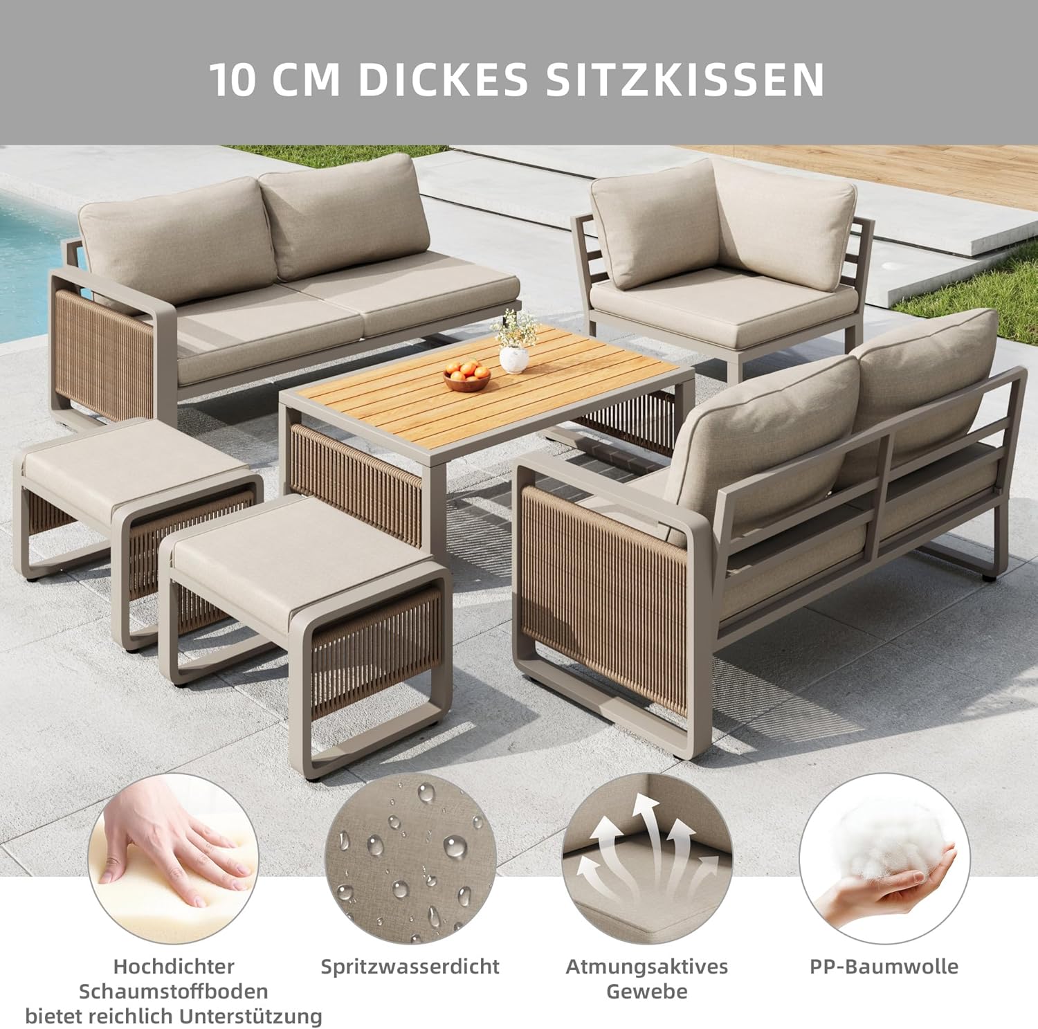 Sapgaks - salon de jardin corde tressée 6/7 pers - coussins moelleux - angle + 2 tabourets + table, pieds réglables - be