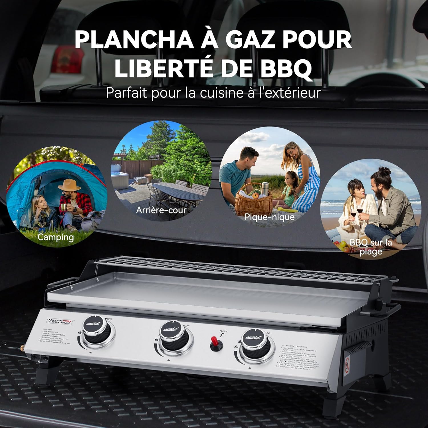 Royal Gourmet - Plancha gaz inox 3 brûleurs 61,5x32cm, 7,5kW, usage extérieur