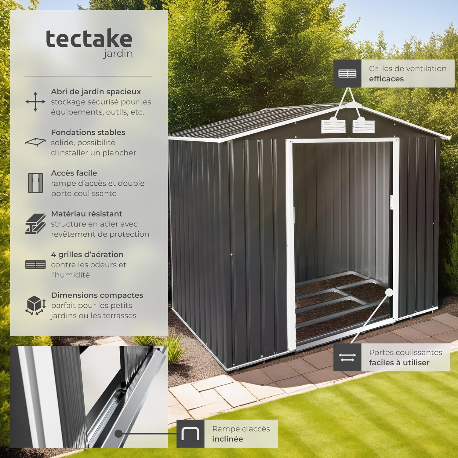 tectake - abri de jardin métal, 214x130x185cm, 4,2m³, double pente, fondation