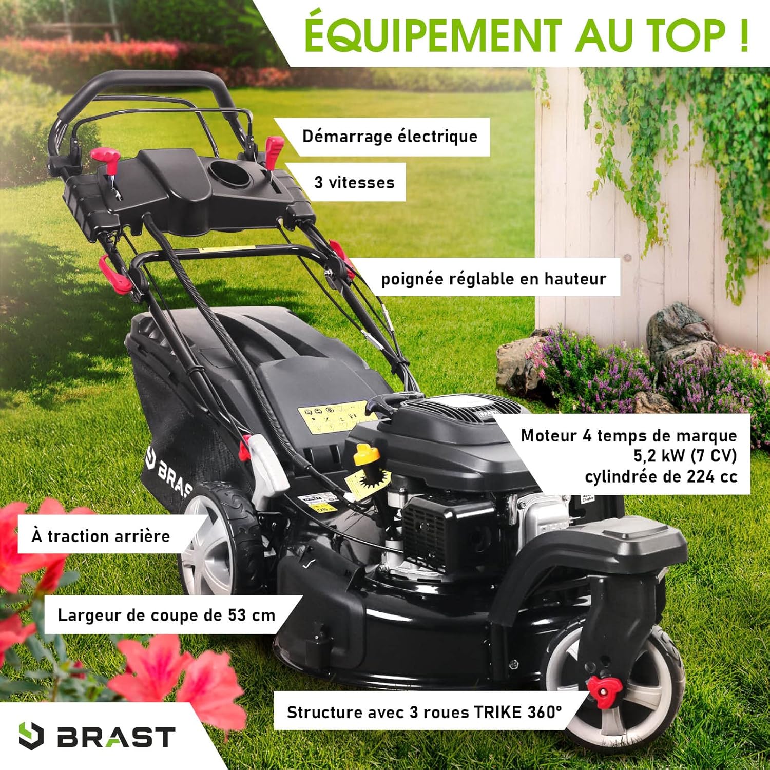 BRAST tondeuse thermique 3 roues TRIKE ESTART SPEED 224cc 53cm tractée démarrage électrique vitesse d'entraînement triple réglable mulching 4en1 capot en tôle en acier 60l - moteur 4 temps reglable