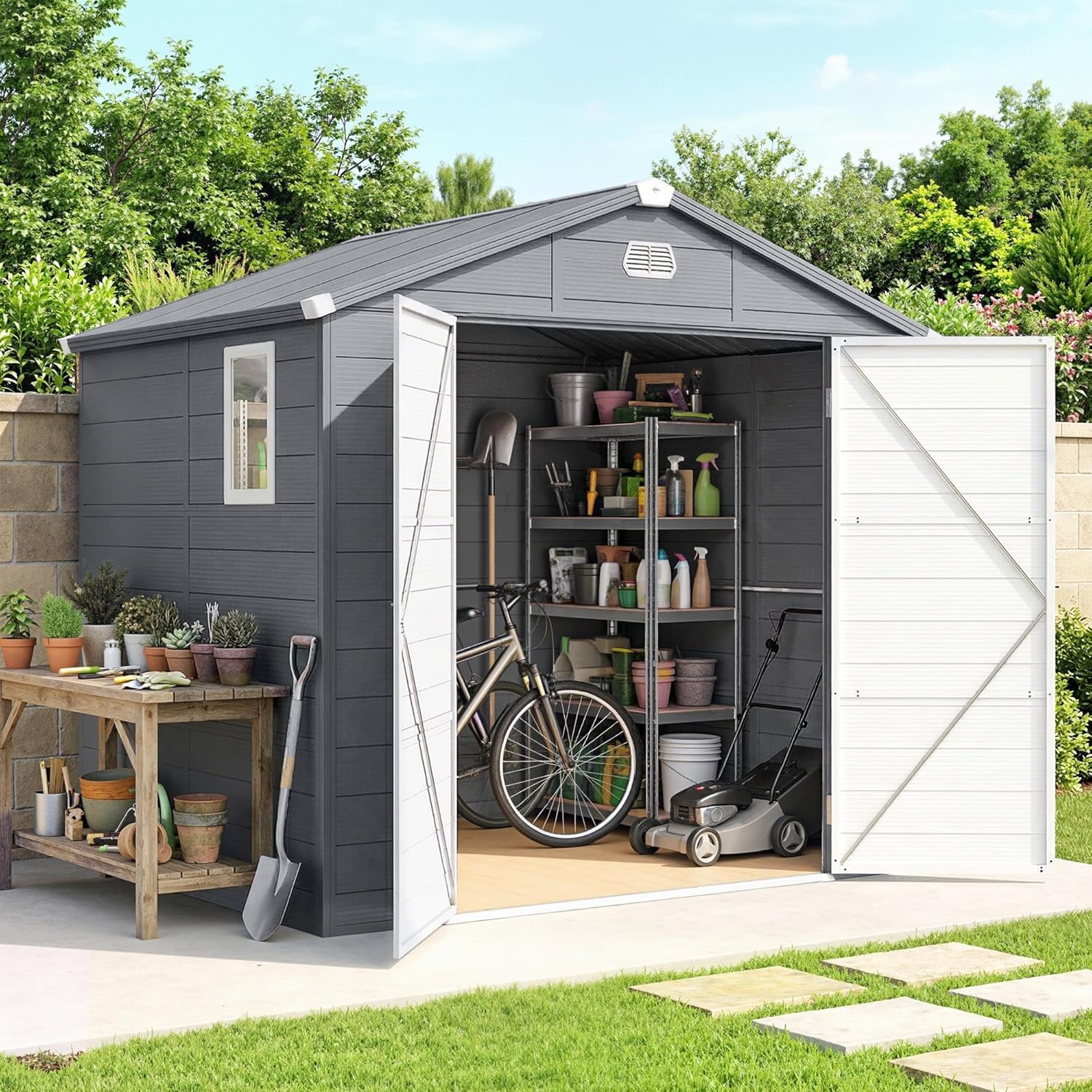 Outsunny - abri de jardin résine 240x190x228cm - 4,6m², fondation alu, portes loquet, 3 fenêtres
