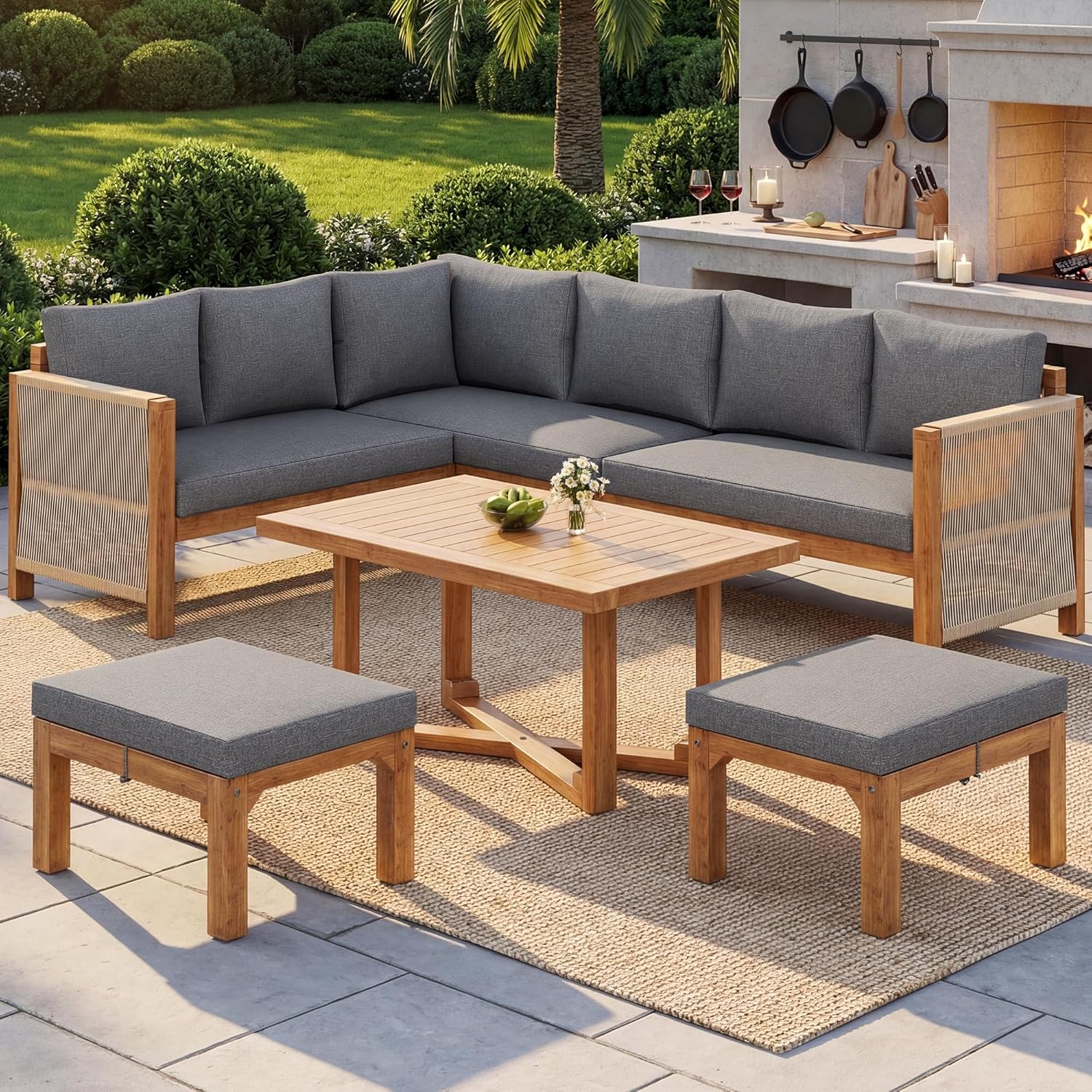 Sapgaks - Salon de Jardin E-Gris - 6 places modulable bois acacia, coussins, table et 2 tabourets