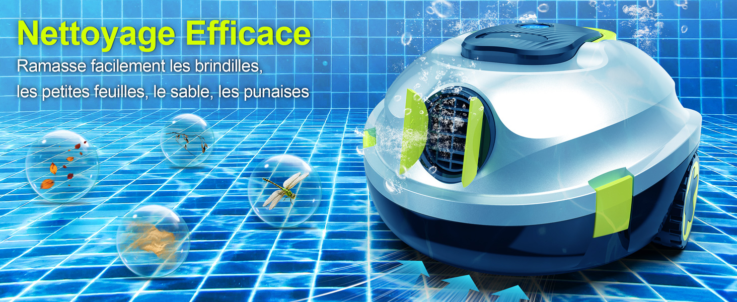 Le texte indique « Nettoyage efficace ». Appareil robotisé de nettoyage de piscine blanc et bleu avec des accents jaunes fonctionnant dans l'eau de piscine avec des débris visibles.