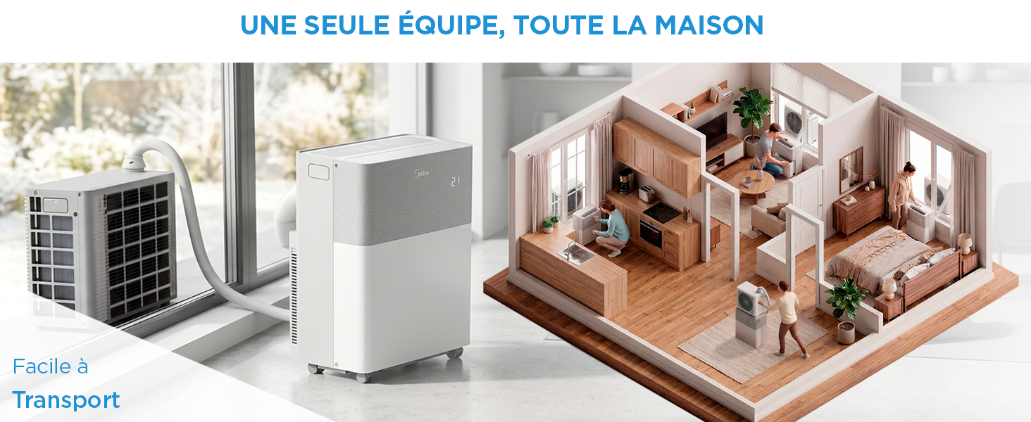 Le texte indique « UNE SEULE ÉQUIPE, TOUTE LA MAISON » avec étiquette « TRANSPORT ». Composite à vue divisée montrant une unité résidentielle extérieure et une coupe isométrique intérieure de l'aménagement de la maison avec des meubles.