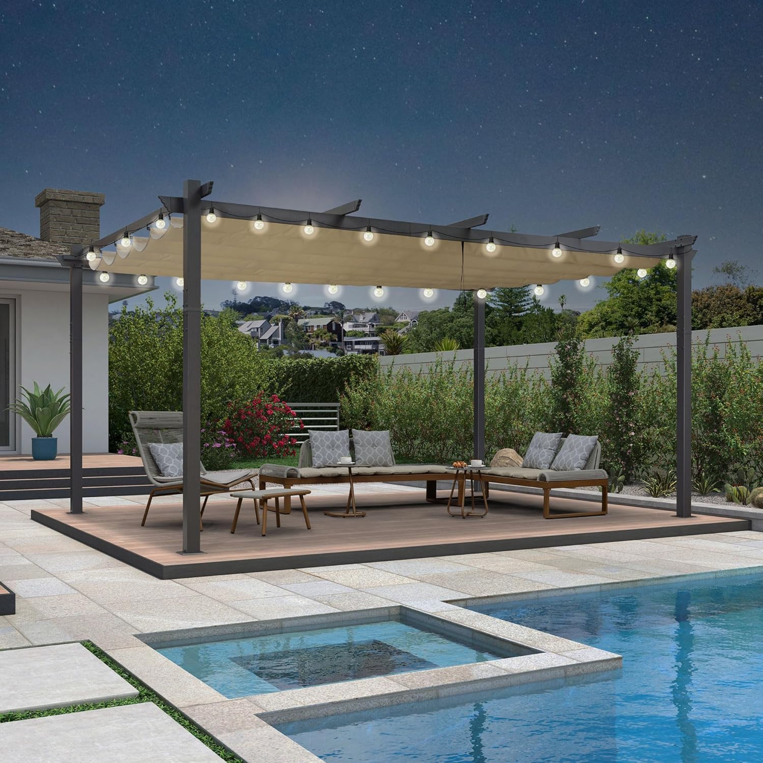 PURPLE LEAF - pergola aluminium série LED - 4,8x3,5 m - toit rétractable, structure résistante, kaki