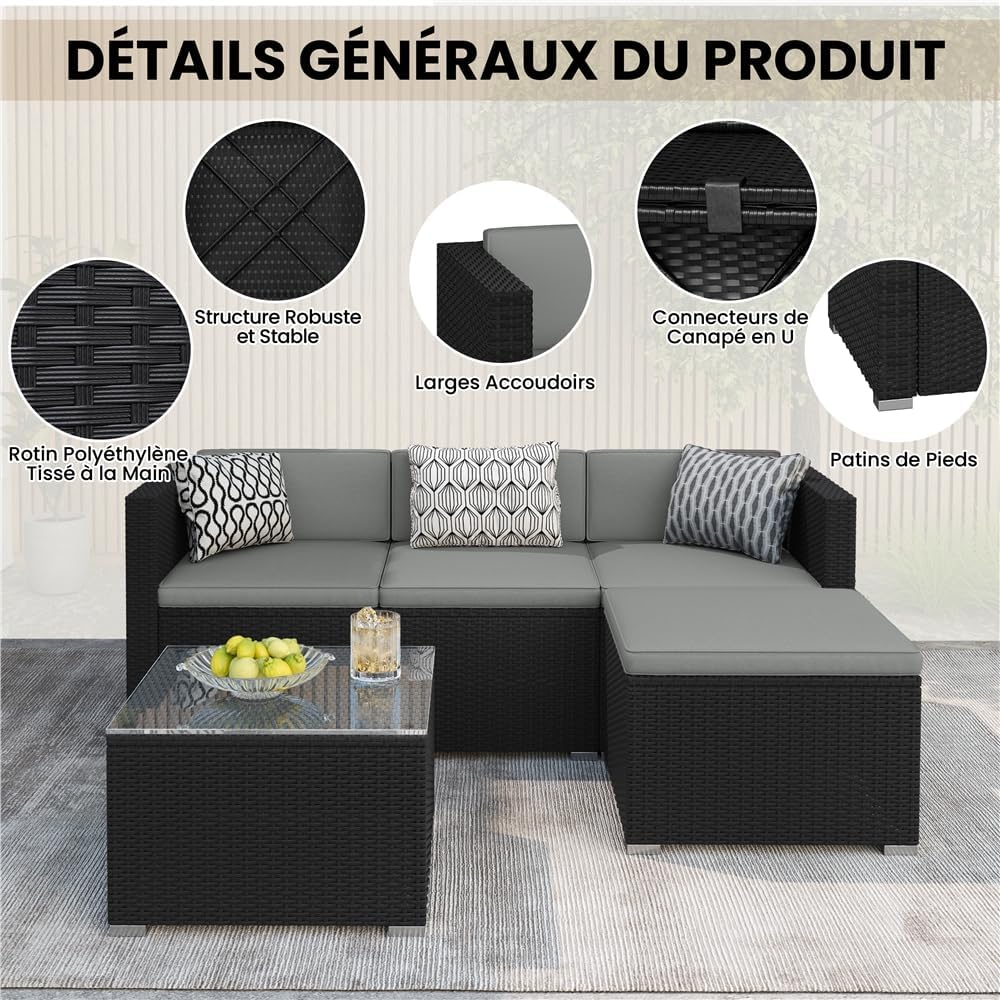 Yaheetech - salon de jardin 4 personnes - polyrotin, modulable, 5 pièces