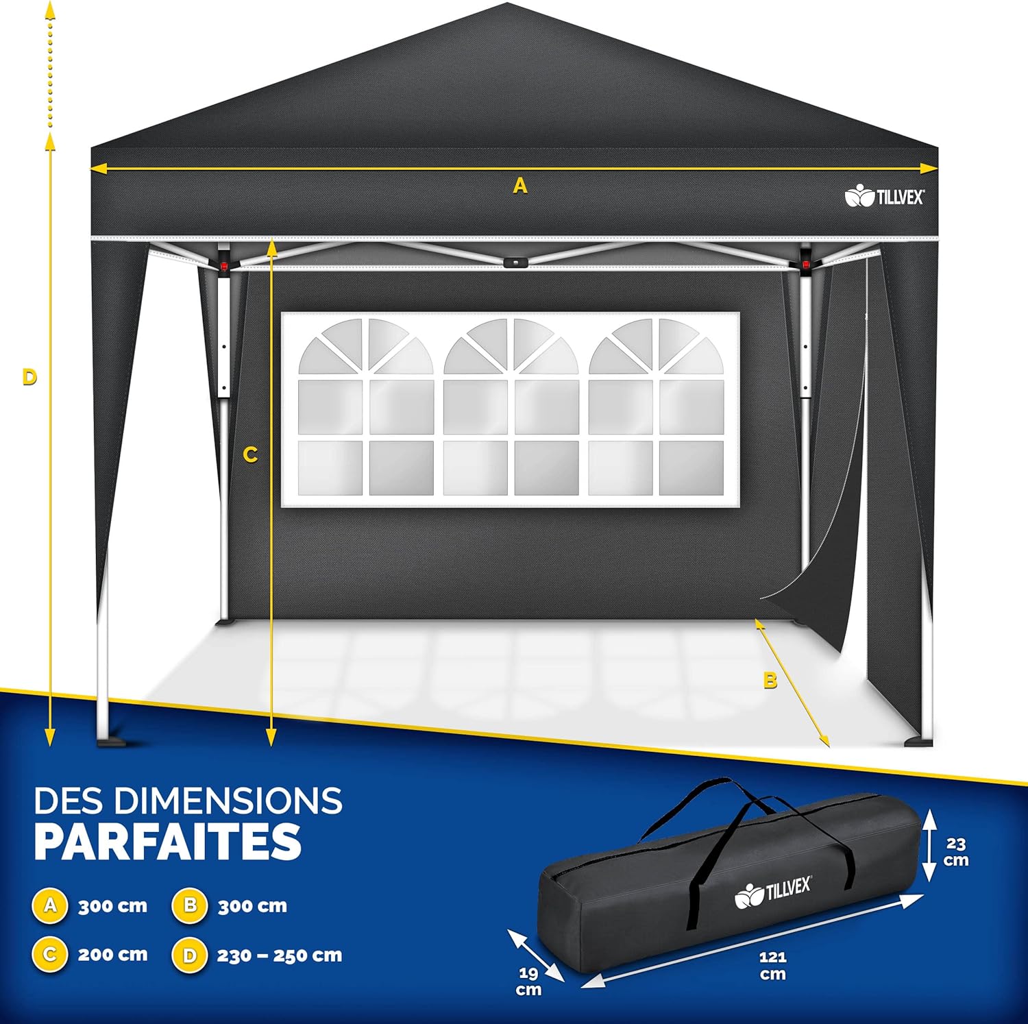 tillvex - Tonnelle pliante 3x3m - 2 côtés, hauteur réglable, UV 50+, sac
