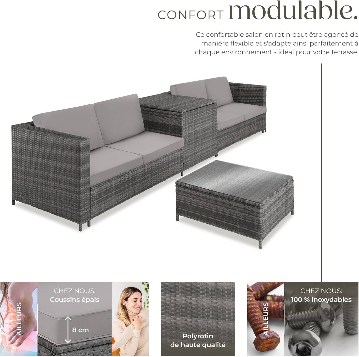 tectake - salon de jardin poly rotin 4 places, canapés modulables, table verre, coffre rangement