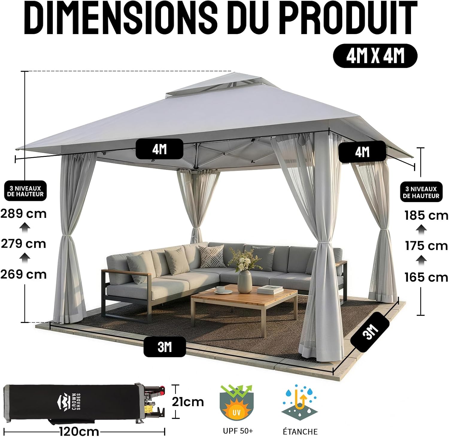 CROWN SHADES - tonnelle jardin pop up - 4x4 m - double toit, côtés maille, hauteur réglable