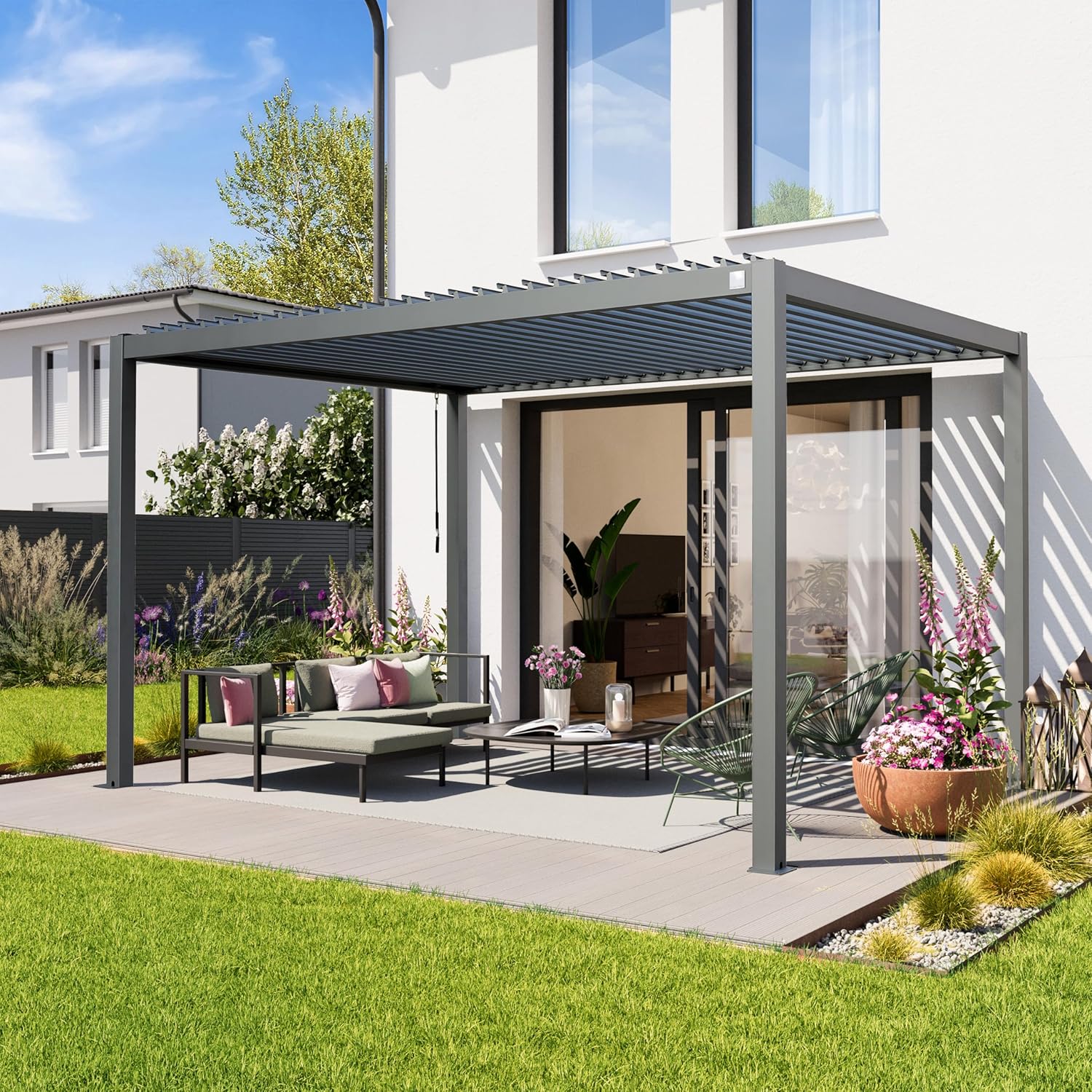 PRIMEYARD Pergola 3x4 m poteaux en Aluminium avec Lames orientables en Acier pavillon Gris