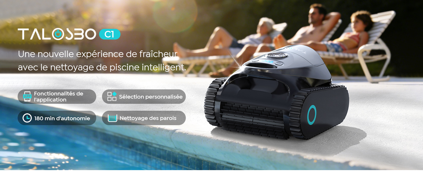Le texte indique « TALOSBO C1 ». Vues multiples du robot nettoyeur de piscine noir avec démonstrations des caractéristiques techniques et affichage de l'interface.