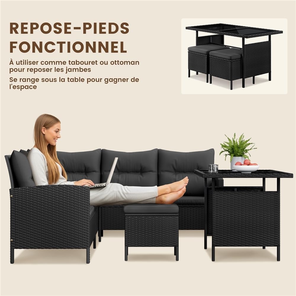 Yaheetech - Salon de jardin 4 pièces - polyrotin, ottomans, table - noir/gris
