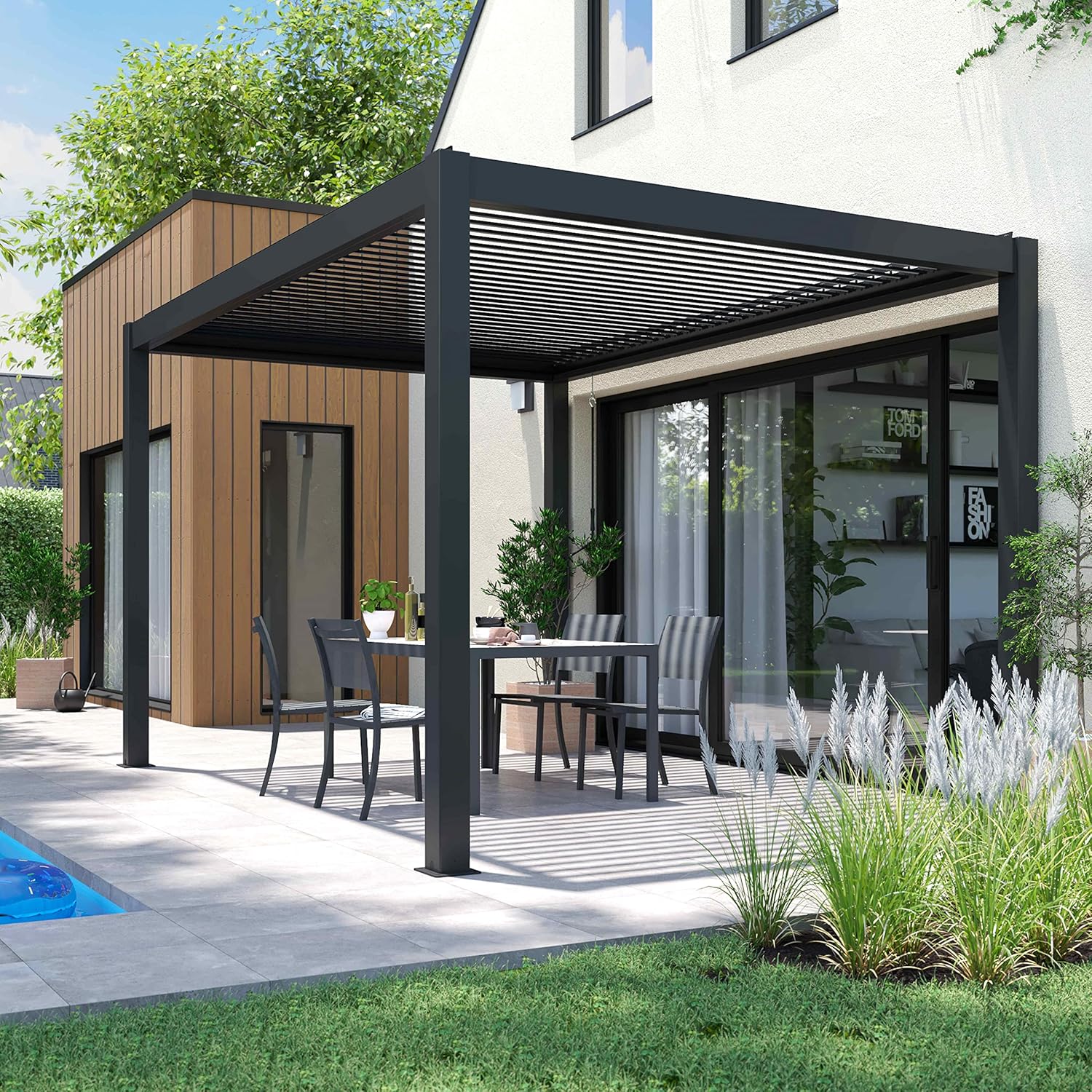 Oviala - Pergola bioclimatique 3x4m autoportée - 2 stores - gris