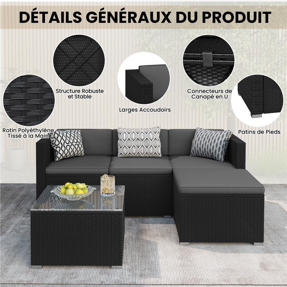 Yaheetech - salon de jardin 4 personnes, polyrotin, modulable, 5 pièces