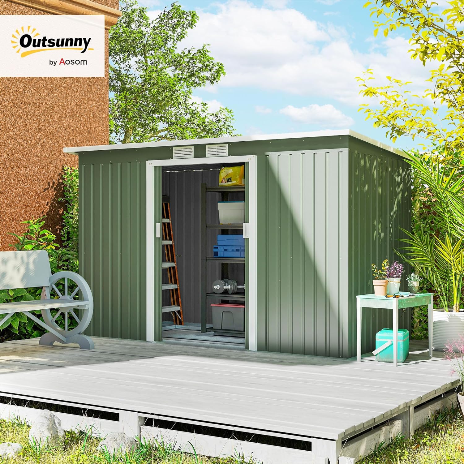 Outsunny - abri jardin XXL acier galvanisé 3,6 m² - 280x130x172 cm, portes coulissantes, kit fondation