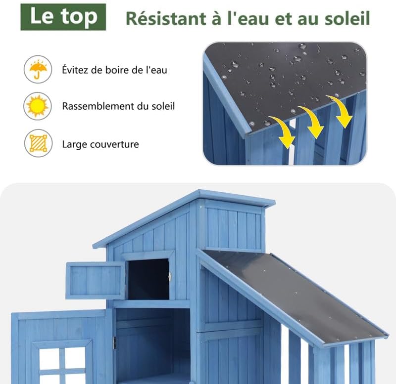 Abri de Jardin en Bois - 124x46x174cm - rangement extérieur avec serrure, toiture PVC