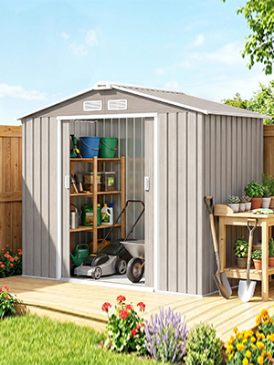 Abri de jardin en métal blanc avec toit ondulé voûté dans un cadre paysager résidentiel avec parterres de fleurs, pelouse verte, établi en bois et outils visibles par une porte ouverte.