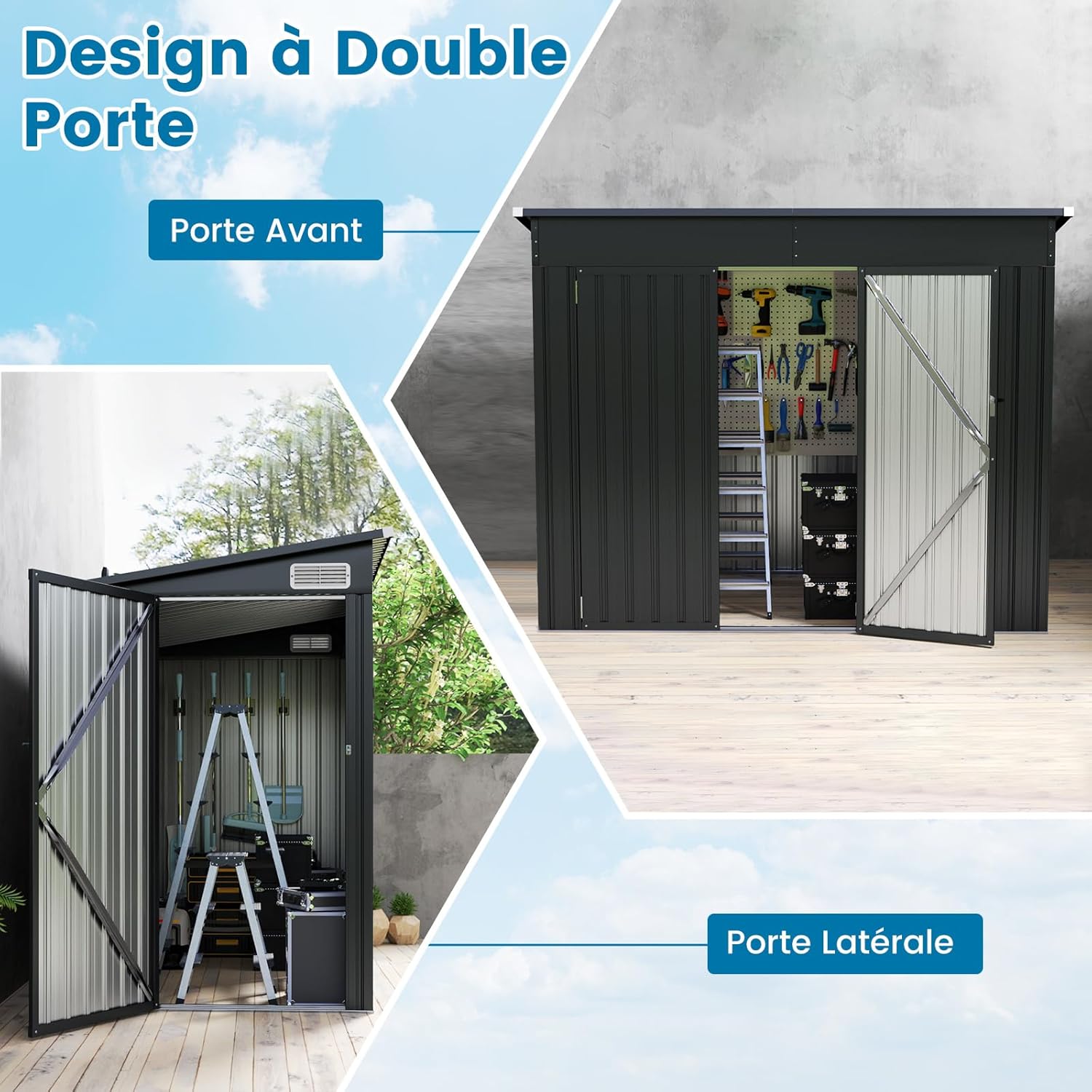 GOPLUS - abri de jardin métal - 238x119x187cm - porte, aérations, toit pente, gris