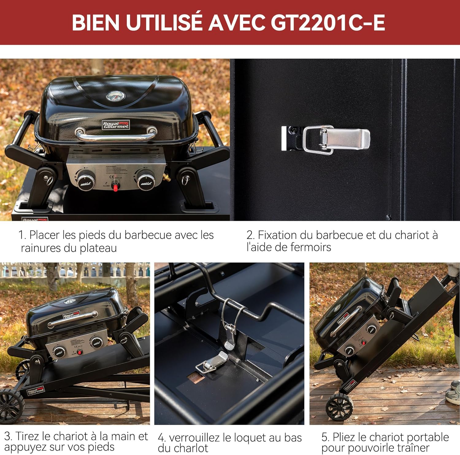 Royal Gourmet - Barbecue Gaz 2 brûleurs - 48x37 cm - tables pliables, 5kW