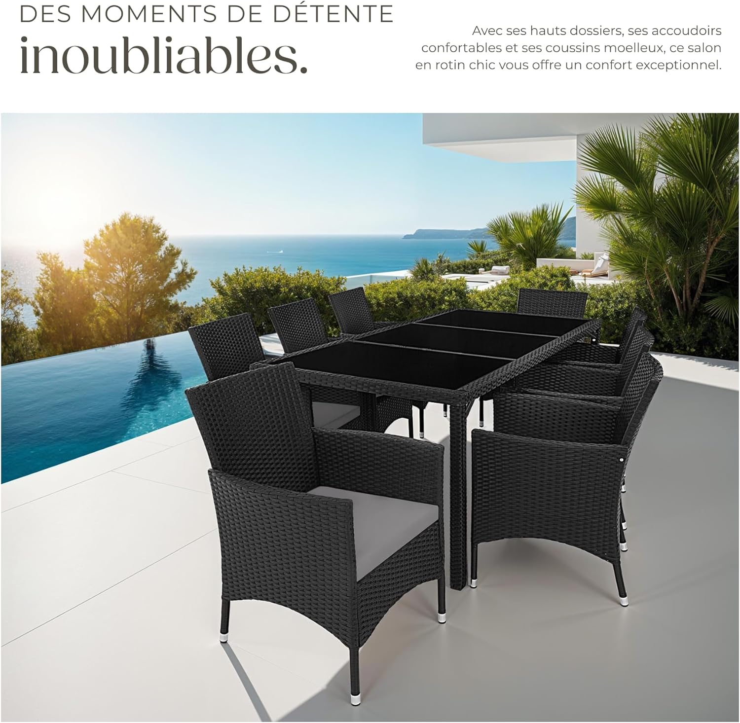 tectake - Salon de jardin 8 fauteuils résine tressée - table, housse, noir/gris
