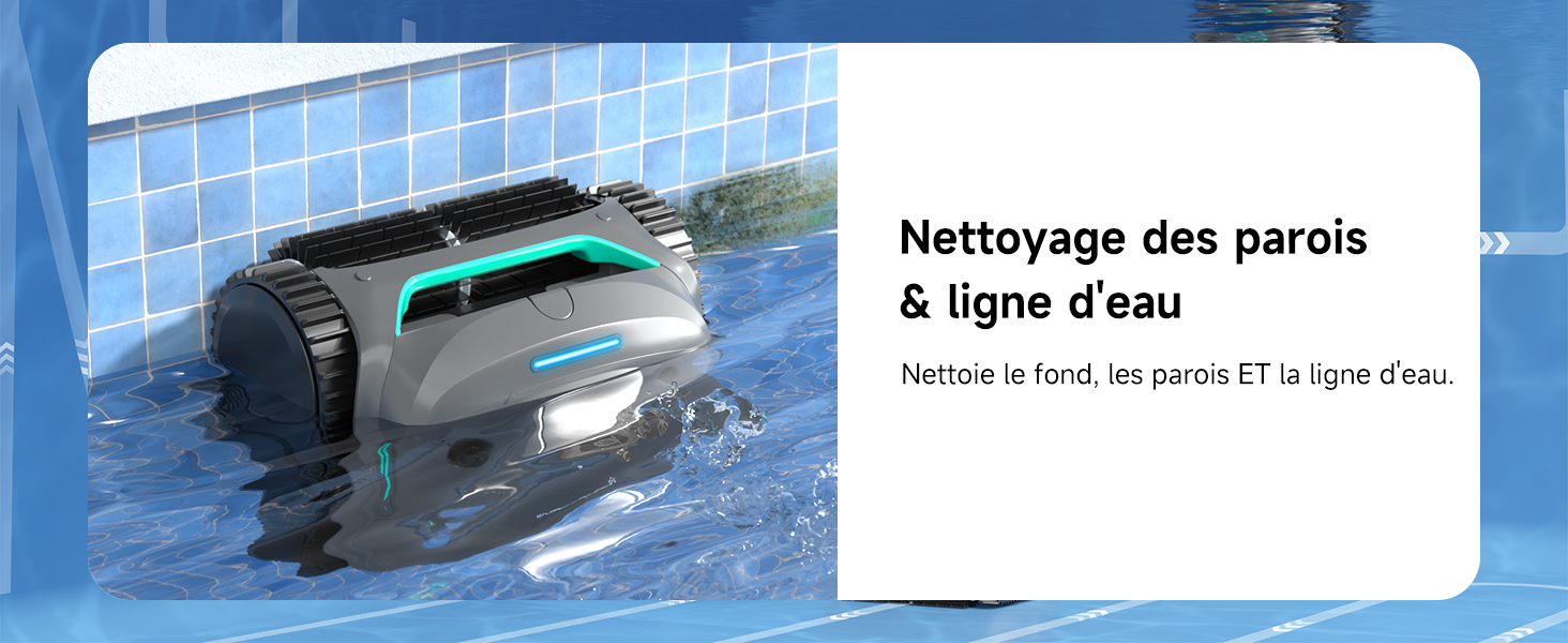au corps gris et aux accents bleu sarcelle, partiellement immergé dans l'eau. Appareil conçu pour nettoyer les parois de la piscine et la ligne de flottaison.