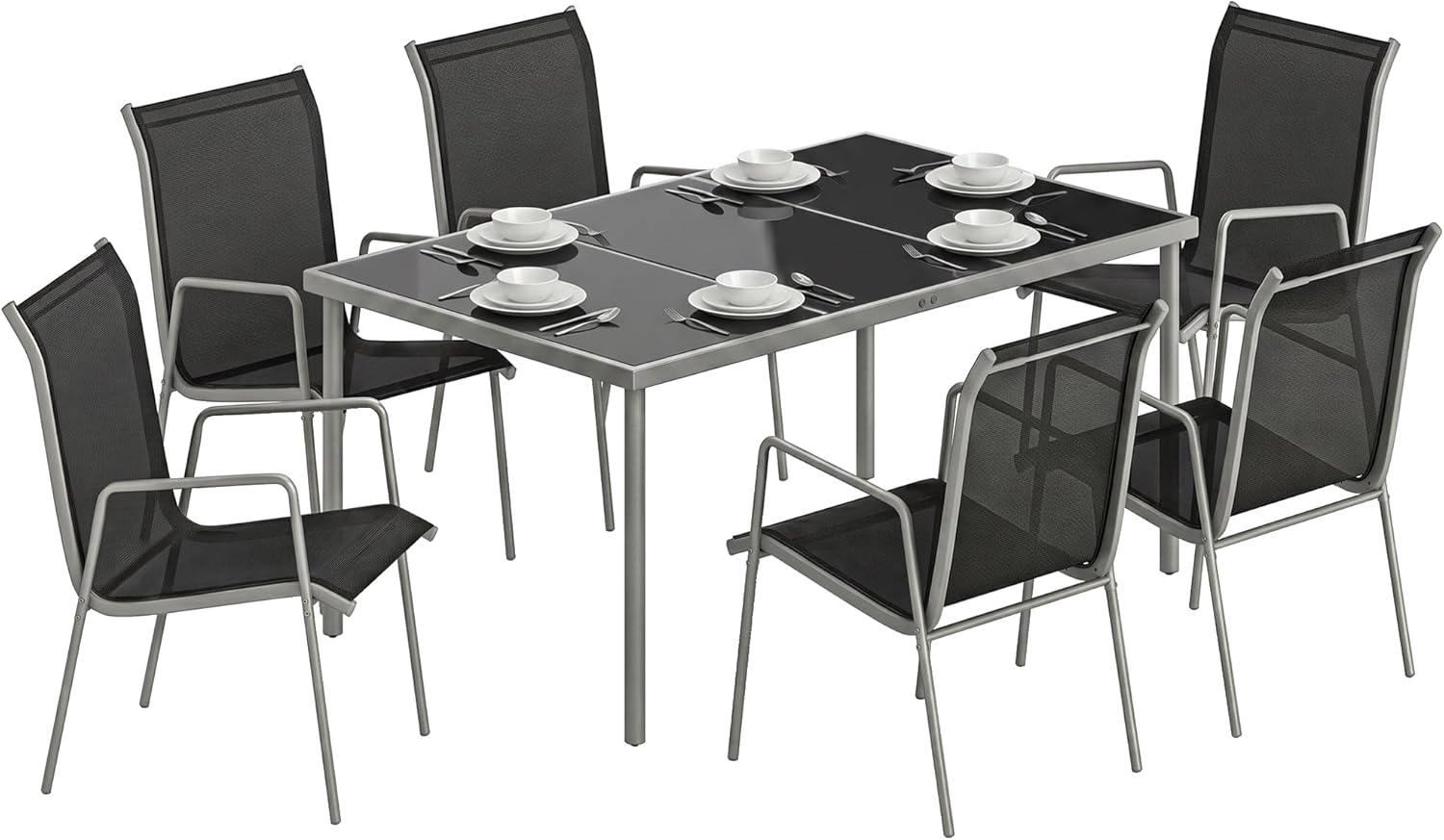Outsunny - salon jardin 6 personnes - table verre, chaises empilables, textilène, argent