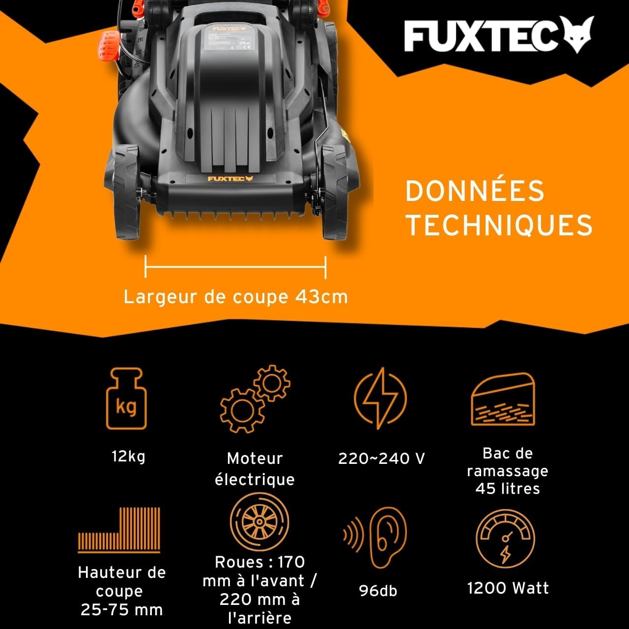 FUXTEC - tondeuse poussée série RME - 43cm, 1200W, bac 45L, FX-RME43