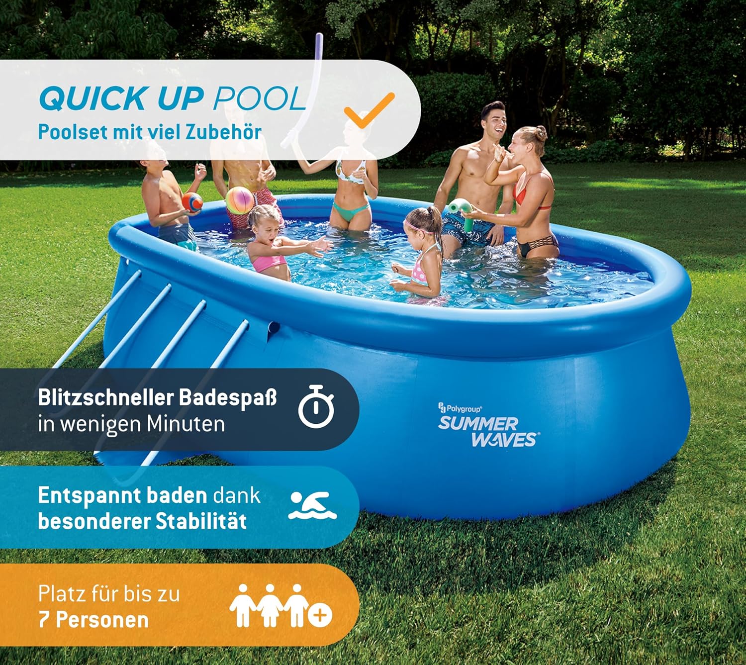 Summer Waves Quick Up Kit complet de piscine - Ovale - 457 x 305 x 107 cm - Bleu - Piscine hors-sol et piscine avec pompe à filtre, échelle, tapis de sol et bâche