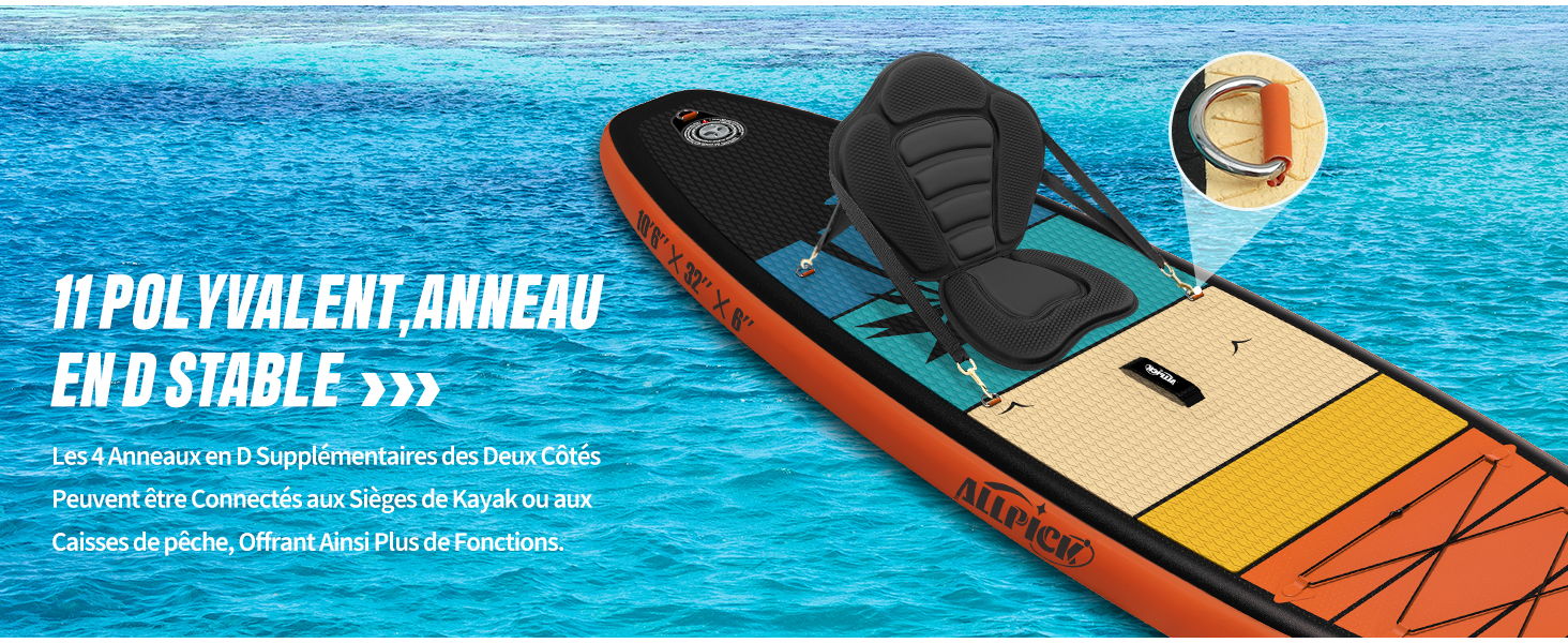 Planche à pagaie ou planche de surf gonflable flottant sur l'eau bleue, avec motif noir et grain de bois