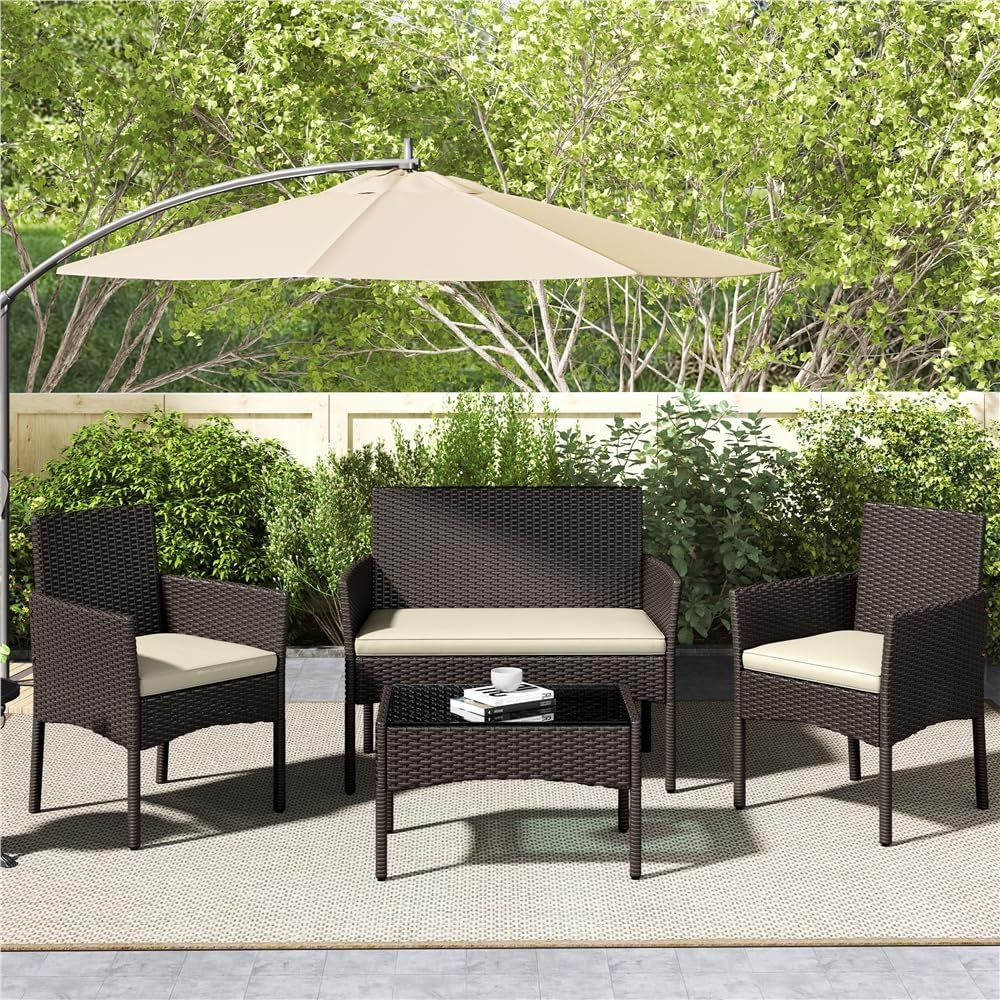 Yaheetech - Salon de jardin 4 places - polyrotin métal - canapé, fauteuils, table, coussins - brun/beige